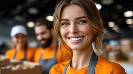 Diverse volunteers sorting, packaging food donations in warehouse, supporting community during pandemic with collaborative humanitarian effort and compassionate teamwork