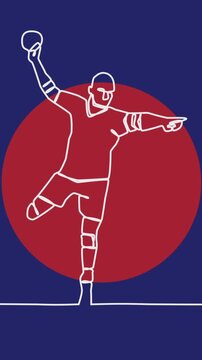 Animation of drawing of male handball player throwing ball and red spots on blue background