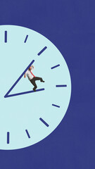 Modern collage. Businessman trapped between clock hands surreal pressure concept. Concept of...