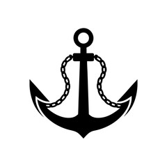 Simple black anchor with chain on transparent background silhouette