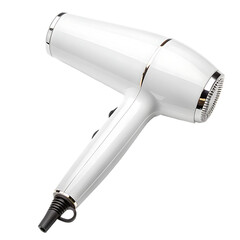A sleek white hair dryer with silver accents on a black background in a studio setting image