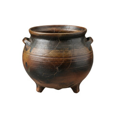 Rustic ancient ceramic pot with handles and legs, showcasing weathered texture and earthy tones