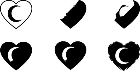set of Heart shape with Crescent inside. Vector icon in 4 different styles.
. on white background