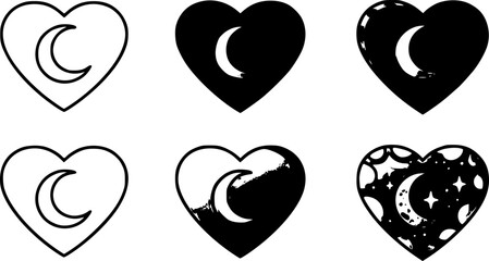 set of Heart shape with Crescent inside. Vector icon in 4 different styles.
. on white background