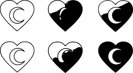 set of Heart shape with Crescent inside. Vector icon in 4 different styles.
. on white background