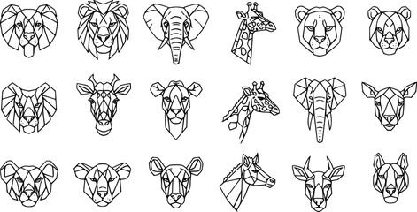 Savanna geometric animal heads icon set. Thin line editable stroke icons. Safari, African wildlife animals
