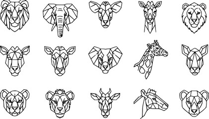 Savanna geometric animal heads icon set. Thin line editable stroke icons. Safari, African wildlife animals
