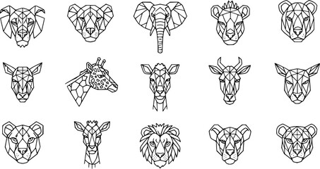 Savanna geometric animal heads icon set. Thin line editable stroke icons. Safari, African wildlife animals

