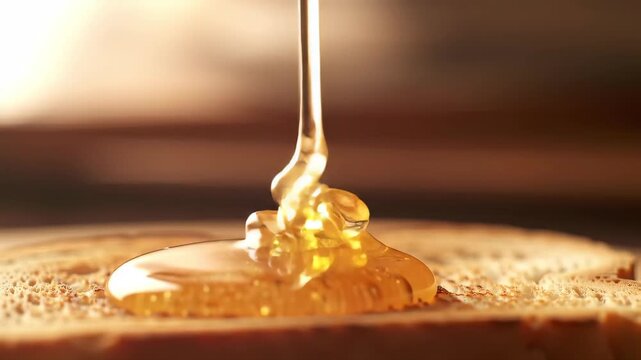 Golden Honey Drizzling Over Toast On Light Brown Background In Elegant Macro Shot