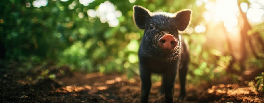 The piglet exploring a sunlit forest path at golden hour with curious expression