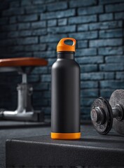 Black water bottle with orange accents stands on a black platform in front of brick wall with gym equipment
