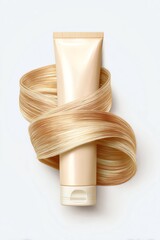 A lock of female hair with shampoo bottle