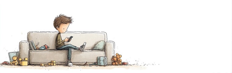 A boy sitting on a couch, playing with his smartphone, toys scattered around him, ignored. Minimalist drawing style with colored pencils, clean soft lines, light pastel color