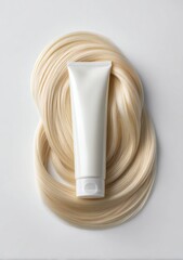 a hair cream tube with long, straight blonde hair wrapped around it, against a white background, in high-resolution photography.