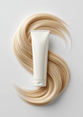 A lock of female hair with shampoo bottle