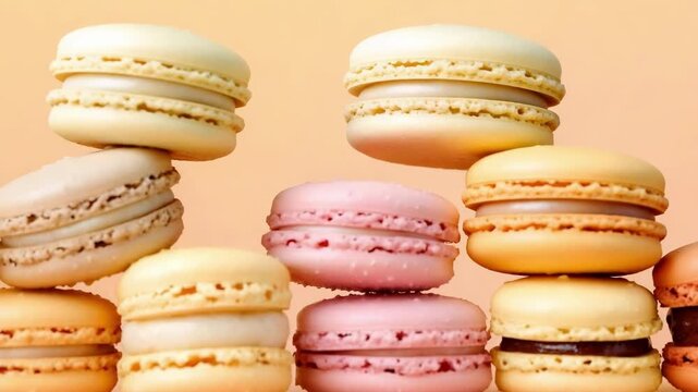 Assorted pastel macarons lined up on a peach background, with one macaron floating in the air.