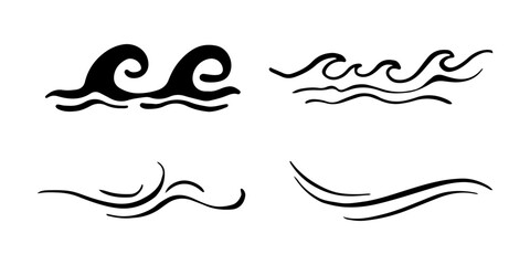 Doodle sea wave icons. Hand drawn simple wavy lines. Sea storm scribble icons set. Ocean water flow curve sketch. Aqua doodle symbols. Vector illustration isolated on white background.