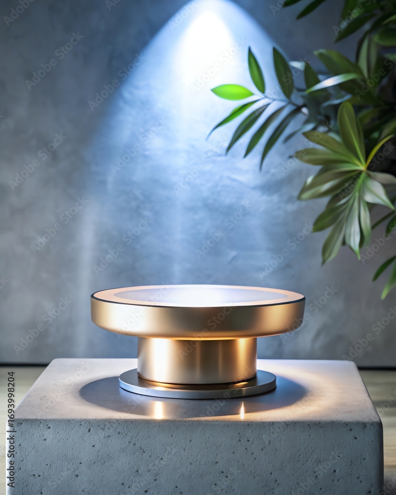 Poster minimalist display podium with golden platform illuminated by a spotlight against a textured concret