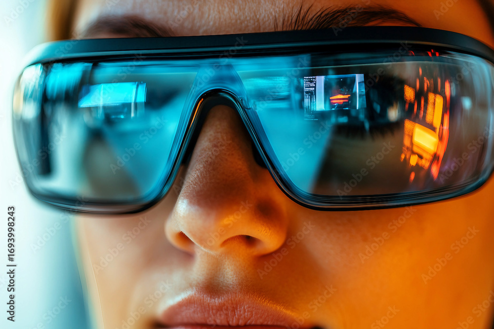 Poster closeup of futuristic smart goggles reflecting virtual interface and data panels created with genera
