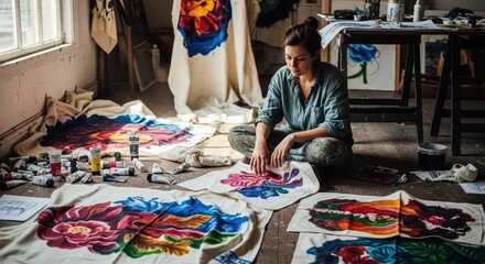 Hispanic female young artist in studio with colorful floral paintings