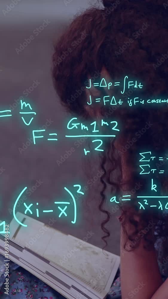 Poster animation of equations and data processing over female student reading
