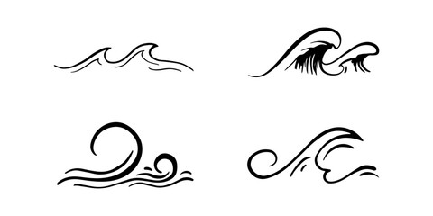 Doodle sea wave icons. Hand drawn simple wavy lines. Sea storm scribble icons set. Ocean water flow curve sketch. Aqua doodle symbols. Vector illustration isolated on white background.