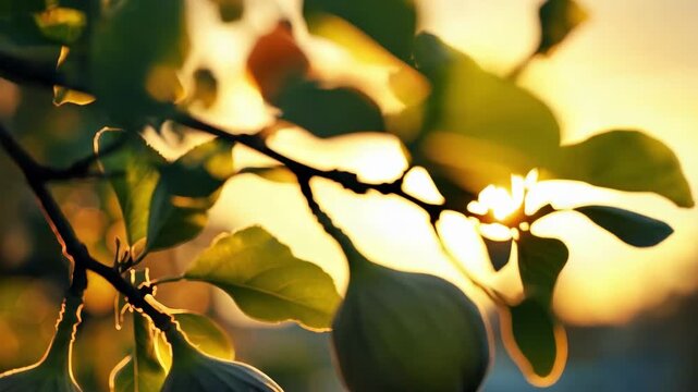 Green fruit hanging on a sunlit tree branch at sunset.
