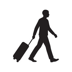 Silhouette of a man walking with a rolling suitcase for travel and business trips.