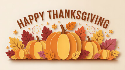 Happy Thanksgiving Graphic with Pumpkin and Colorful Autumn Leaves Background