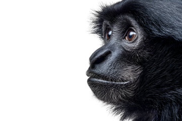 Side portrait of siamang ape with deep eyes and dark fur isolated on transparent background
