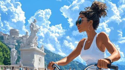 A woman riding a bicycle near the monument, close-up, in profile. cartoon style,