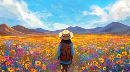 A woman in a straw hat and with a backpack, strolling through a field of colorful wildflowers. In the background, distant mountains are visible under a bright blue sky. cartoon style.