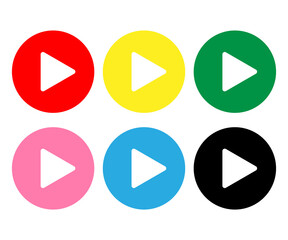 Colorful play button icons set in red yellow green pink blue black