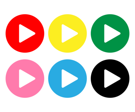 Colorful play button icons set in red yellow green pink blue black