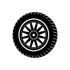 Black and white car tire icon on transparent background silhouette