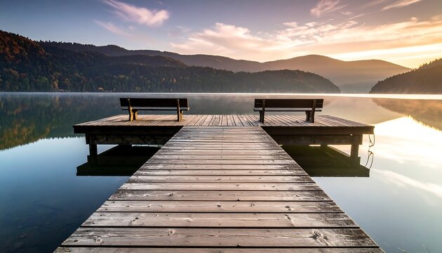 Calm lake sunrise pier