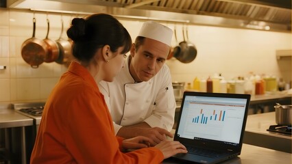 Chef and colleague analyzing data on a laptop in a professional kitchen