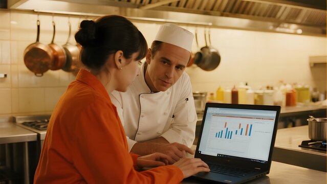 Chef and colleague analyzing data on a laptop in a professional kitchen