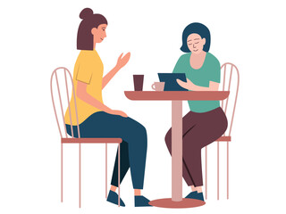 Two women chatting at a table in a cafe. Flat Vector illustration isolated on white background