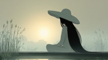 In the early morning, a young woman in a large brimmed hat sitting on a tranquil lake pier, surrounded by dense fog and soft pastel colors of dawn. cartoon style