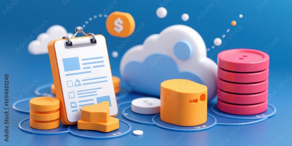 Poster digital storage concept with colorful cloud icons and data representations.