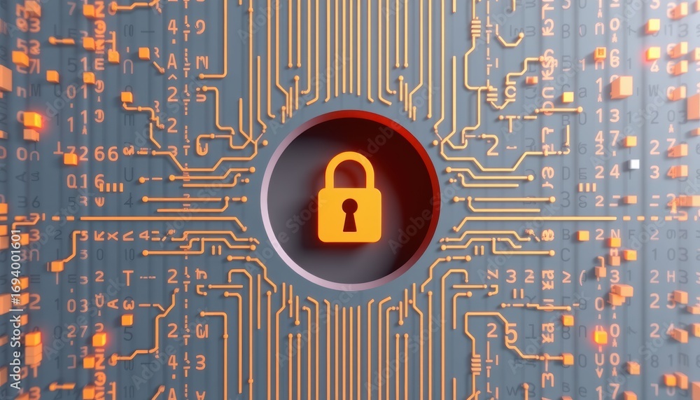 Poster digital lock symbol on a circuit board background, symbolizing cybersecurity.