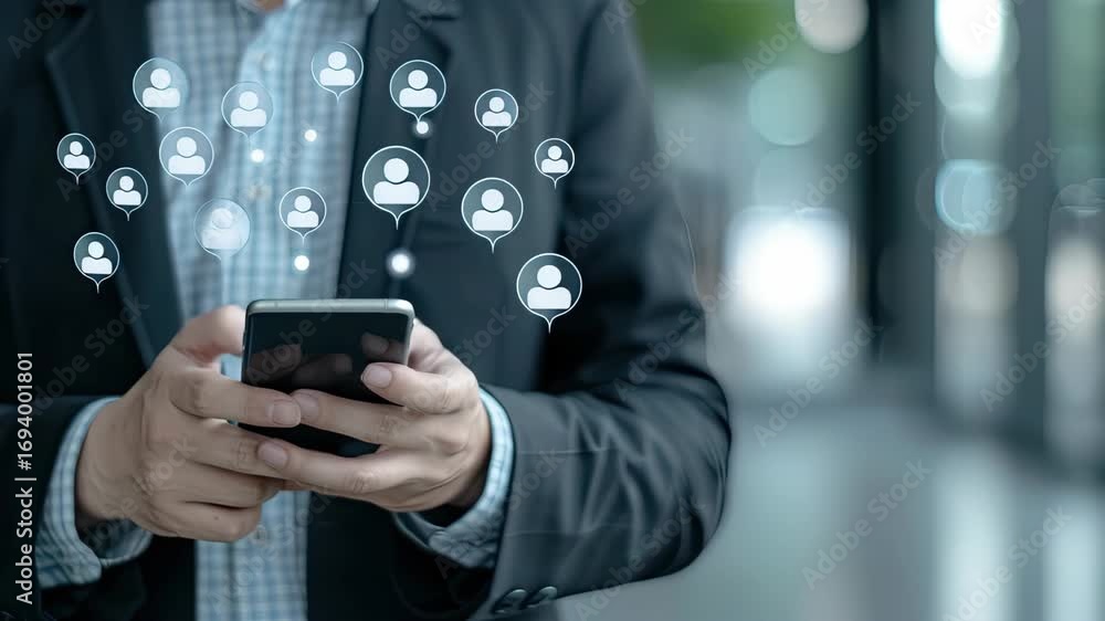Poster a person interacts with their smartphone, highlighting the importance of digital networking and comm