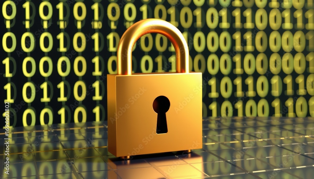 Poster golden padlock on a digital binary background representing security.