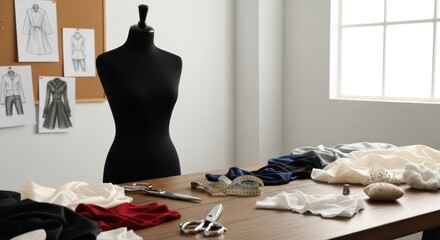 Tailoring studio with dress form and sewing tools for fashion design inspiration