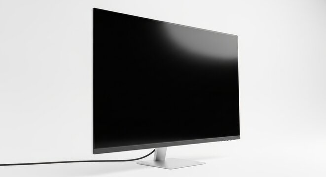 Monitor with a blank black screen shown at an angle against a white backdrop