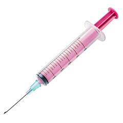Fototapeta premium A close up of a syringe filled with pink liquid against a plain black studio style background image shot