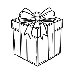 A simple line drawing of a gift box with a bow. The box is square-shaped and features vertical stripes on its surface.