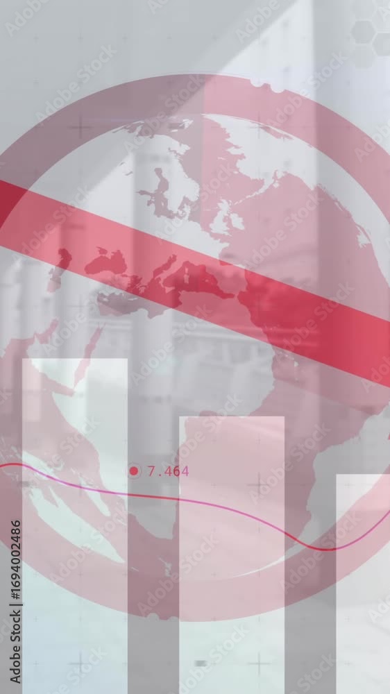 Poster Animation of statistics and data processing and globe over cityscape