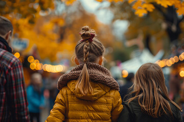 Generative AI image of beautiful autumn fair market with man woman kid family time perfect for fall harvest festival entertainment themes